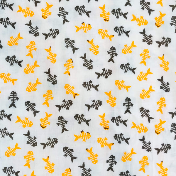 Pure Cotton White With Yellow And Grey Fish Bone Screen Print Fabric