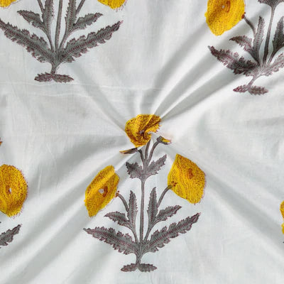 Pure Cotton White With Yellow Big Mughal Motif Hand Block Print Blouse Fabric ( 1 Meter )