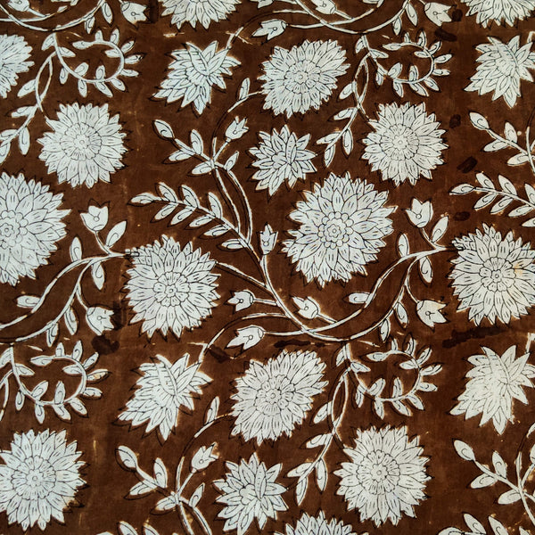 Pure Cotton Wood Brown Jaipuri With White Flower Jaal Hand Block Print Fabric