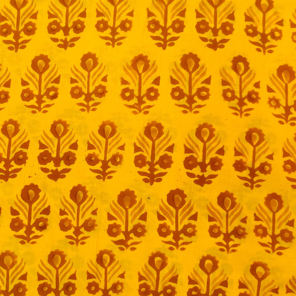 Pure Cotton Yellow Dabu Chemical Dyed Peacock Plant Hand Block Printed Fabric