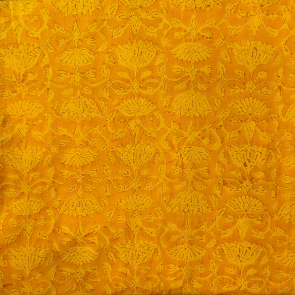 Pure Cotton Yellow Dabu Chemical Lotus Jaal Hand Block Printed Fabric