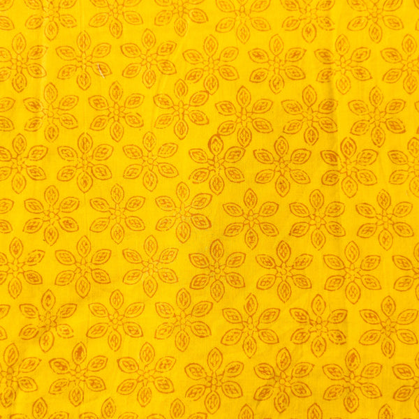 Pure Cotton Yellow Dabu With Outlined Flower Hand Block Print Fabric