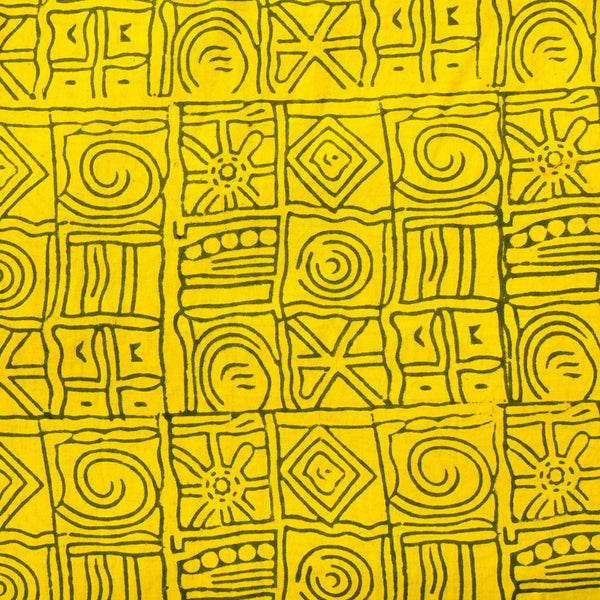 Pure Cotton Yellow Gamthi With Mehendi Brown Tribal Motifs Hand Block Print Fabric