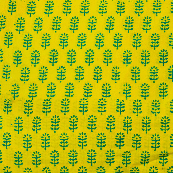 Pure Cotton Yellow Gamthi With Teal Blue Motifs Hand Block Print Fabric