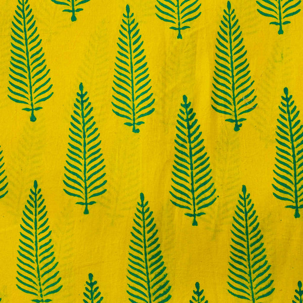 Pure Cotton Yellow Gamthi With Teal Fern Motifs Hand Block Print Fabric