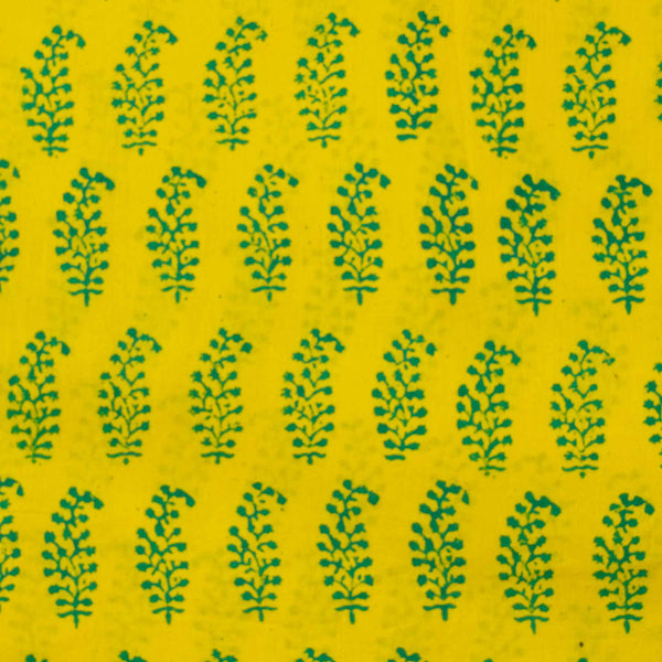 Pure Cotton Yellow Gamthi With Teal Kairi Motifs Hand Block Print Fabric