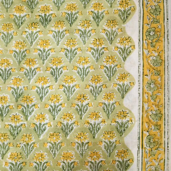 Pure Cotton Yellow Green Jaipuri With Mustard Flower Plant Hand Block Print Fabric