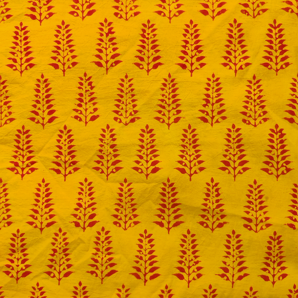 Pure Cotton Yellow Haldi Mustard Akola With Maroon Ferns Hand Block Print Fabric