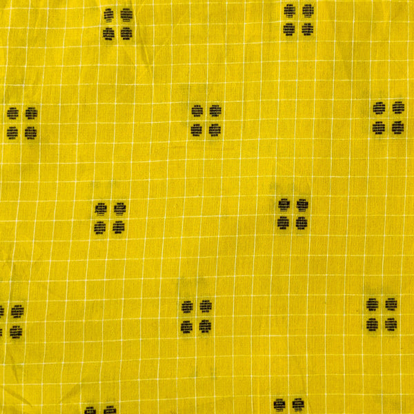 Pure Cotton Yellow Handloom With White Tiny Checks And Black Motifs