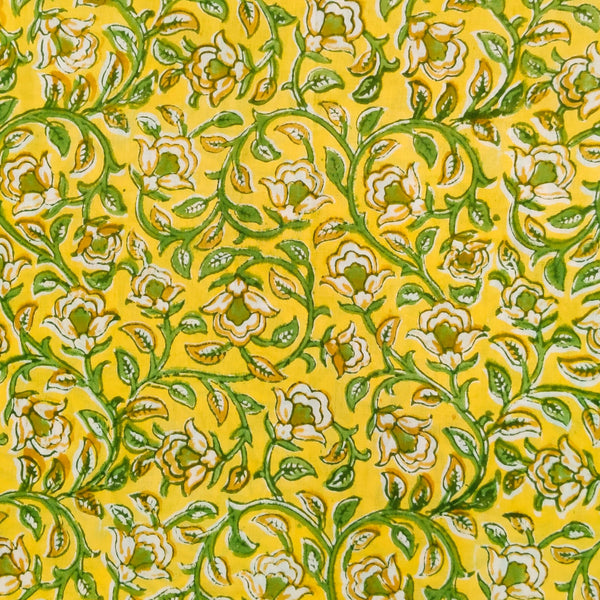 Pure Cotton Yellow Jaipuri With Cream And Green Jaal Hand Block Print Fabric