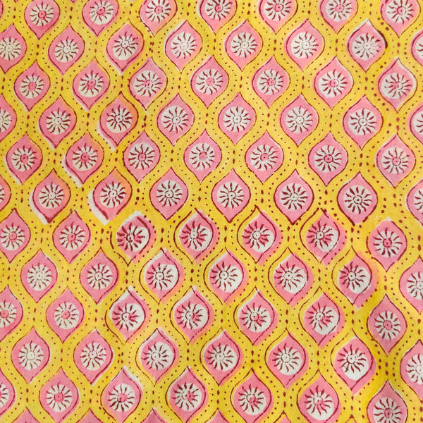 Pure Cotton Yellow Jaipuri With Pink All Over Pattern Hand Block Print Fabric