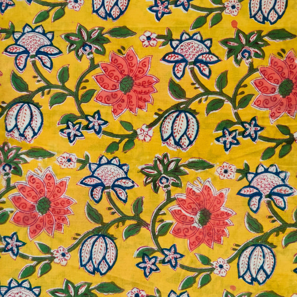 Pure Cotton Yellow Jaipuri With Pink Wild Flower Jaal Hand Block Print Fabric