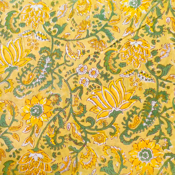 Pure Cotton Yellow Jaipuri With Wild Flower Jaal Hand Block Print Fabric