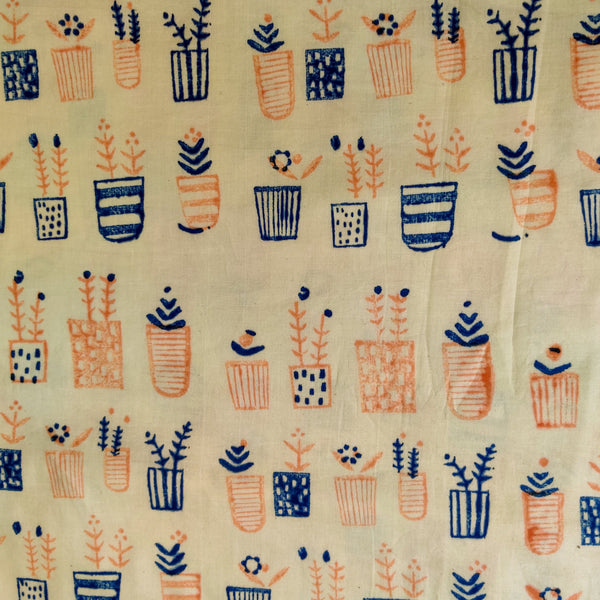 Pure Cotton Yellow With Blue Orange Cactus Hand Block Print Fabric