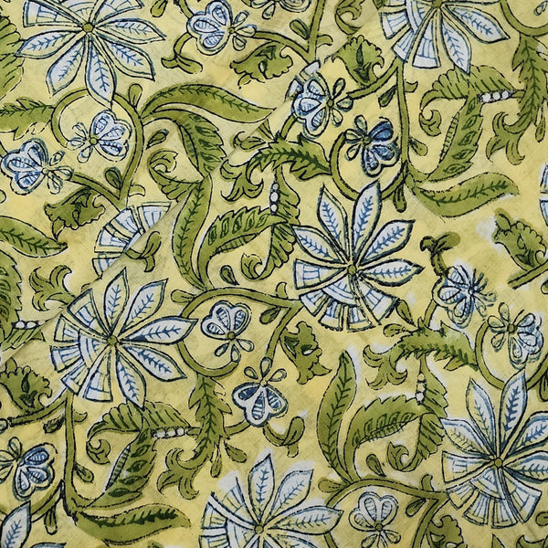 Pure Cotton Yellow With Green  And Blue Poppy Flower Jaal Hand Block Print