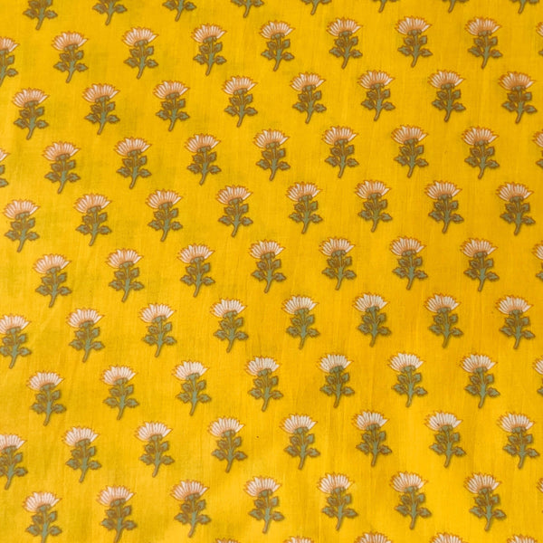 Pure Cotton Yellow With Light Cream Tiny Flower Motif Screen Print Fabric