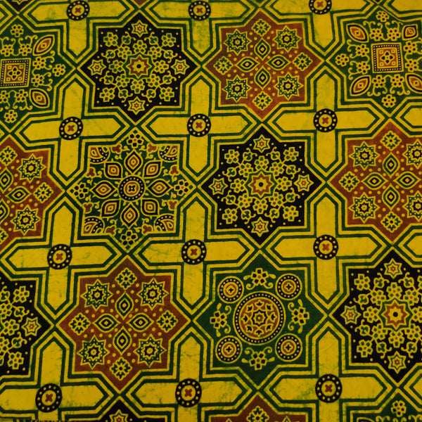 Pure Cotton Yellowish Green Ajrak With Typical Persian Star Tiles Hand Block Print Fabric