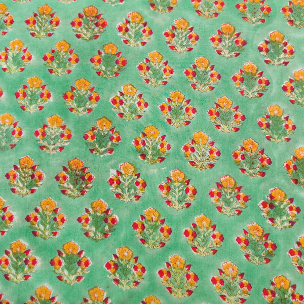 Pure Cotton Yellowish Green With Yellow Flower Plant Hand Block Print Fabric