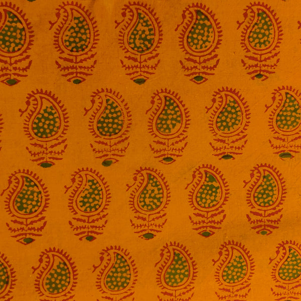 Pure Cotton Yellowish Orange With Maroon Green Kairi hand Block Print Fabric