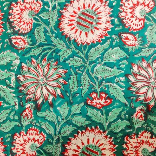 Pure Cotton jaipuri Teal With Orange Sun Flower Jaal Hand Block Print blouse Fabric ( 1 meter )