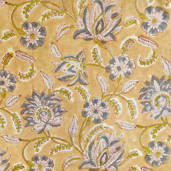 Pure Cotton jaipuri Yellowish Brown With Grey Jaal Hand Block Print Fabric