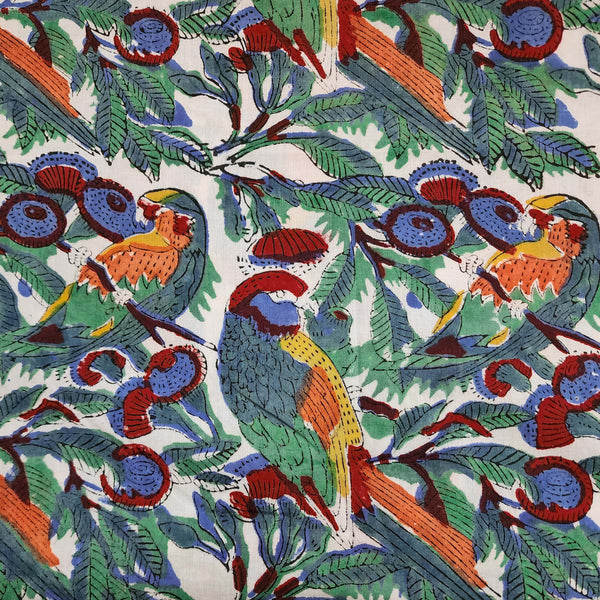 Pure Cpttpn Jaipuri White With Bird Of Paradise Hand Block Print Fabric