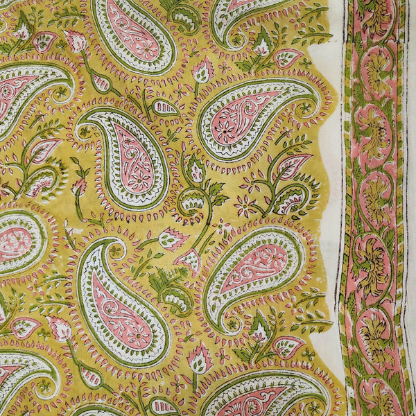 Pure Ctton Pastel Mustard With Pink Cream Kairi Jaal Hand Block Print Fabric