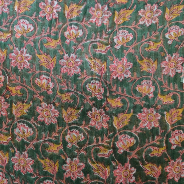 Pure Doriya Cotton Grey Green With Yellow Pink Jaal Hand Block Print Fabric