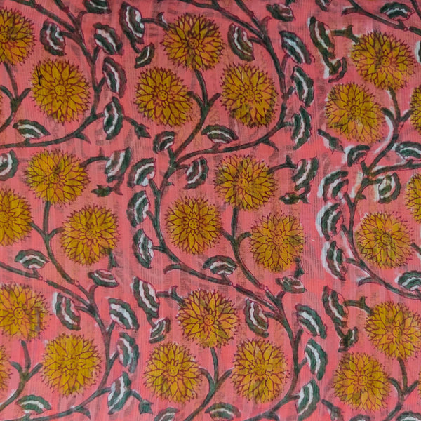 Pure Doriya Cotton Pink With Yellow Jaal Hand Block Print Fabric