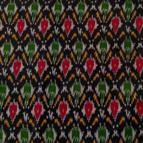 Pure Flex Cotton Black With Green Red Grey And Yellow Screen Print Fabric