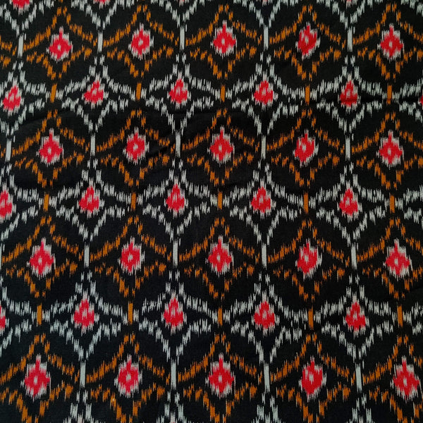 Pure Flex Cotton Black With Red Grey And Yellow Screen Print Fabric