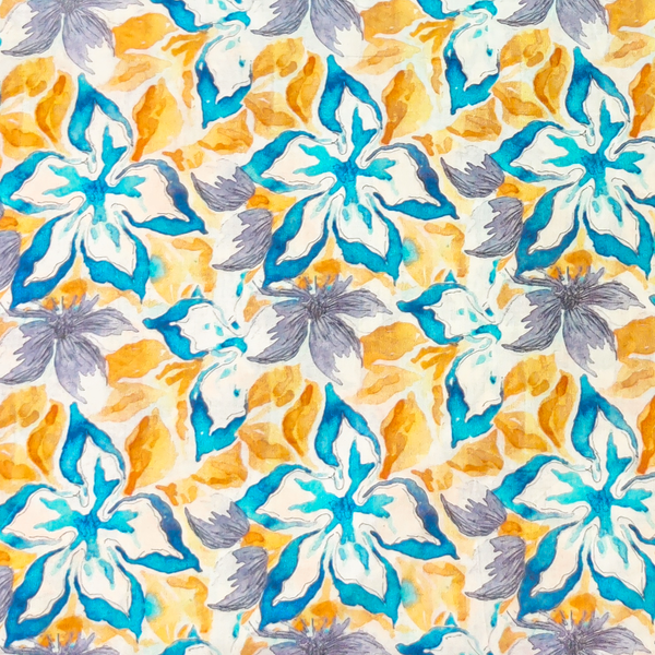 Pure Lawn Cotton Cream With Blue And Orange Digital Printed Fabric