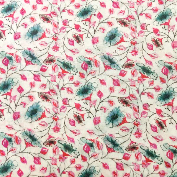 Pure Lawn Cotton White With Teal And Pink Jaal Screen Print Fabric