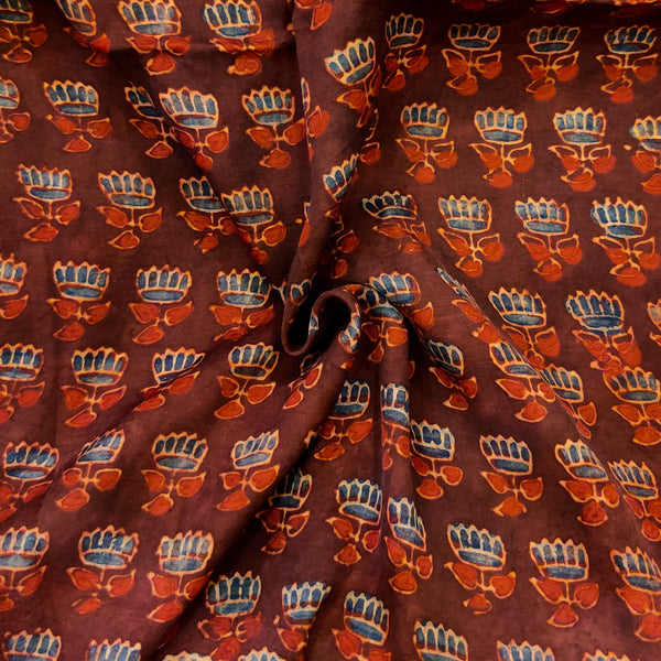 Pure Modal Silk Ajrak Reddish Brown With Tiny Lotus Hand Block Print Fabric