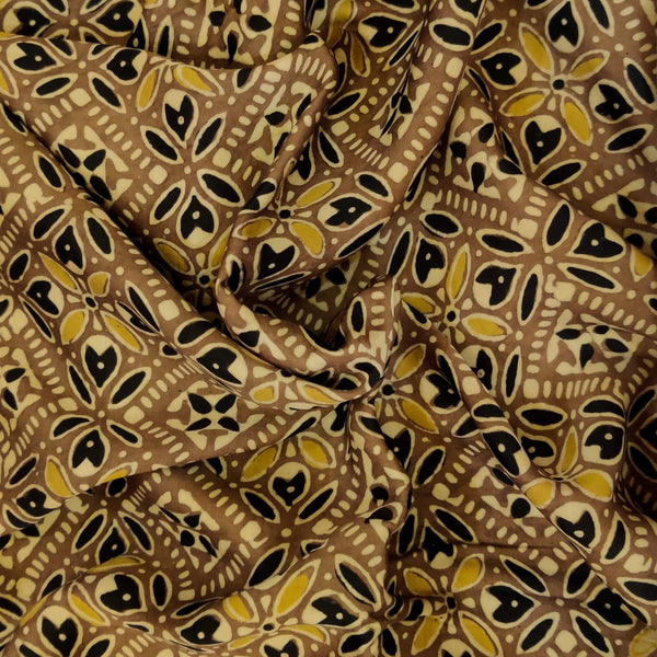 Pure Modal Silk Ajrak Brown With Black And Yellow Intricate Tile Hand Block Print Blouse Fabric ( 75 Cm )