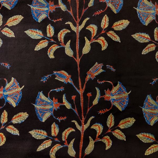 Pure Modal Silk Organic Vanaspati Natural Hand Block Printed Black Huge Mughal Plant Motif Fabric