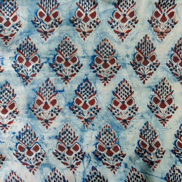 Pure Modal Silk Organic Vanaspati Natural Hand Block Printed Blue Tribal Plant Motifs Hand Block Print Fabric