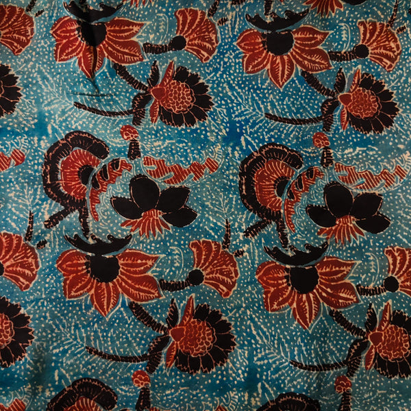 Pure Modal Silk Organic Vanaspati Natural Hand Block Printed Blue Wild Flower Jaal Motif Fabric