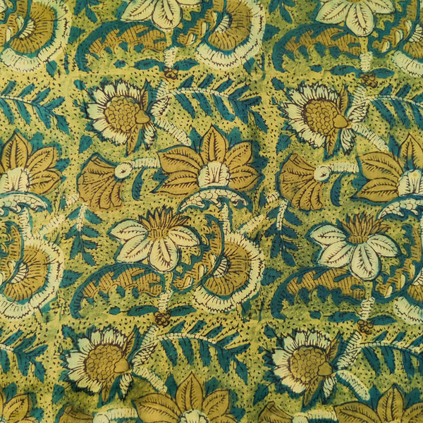 Pure Modal Silk Organic Vanaspati Natural Hand Block Printed yellowish green Wild Flower Jaal Motif Fabric (Pre cut 1.5 Meter)