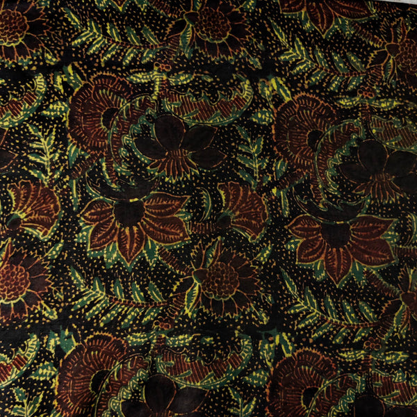 Pure Modal Silk Organic Vanaspati Natural Hand Block Printed Greenish Black Wild Flower Jaal Motif Fabric