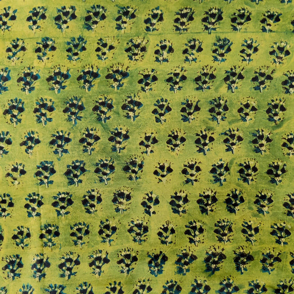 Pure Modal Silk Organic Vanaspati Natural Hand Block Printed Yellowish Green With Tiny Plant Motifs Fabric