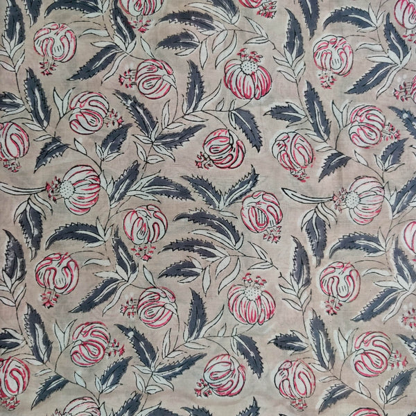 Pure Mul Cotton Ash Brown With Pomogranate Jaal Hand Block Print Fabric