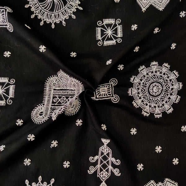 Pure Mul Cotton Black With White Tribal Motifs  Embroidered  Fabric