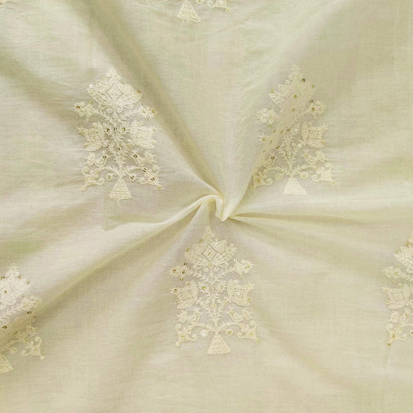 Pure Mul Cotton Cream With Cream Tree Motifs Embroidered Fabric