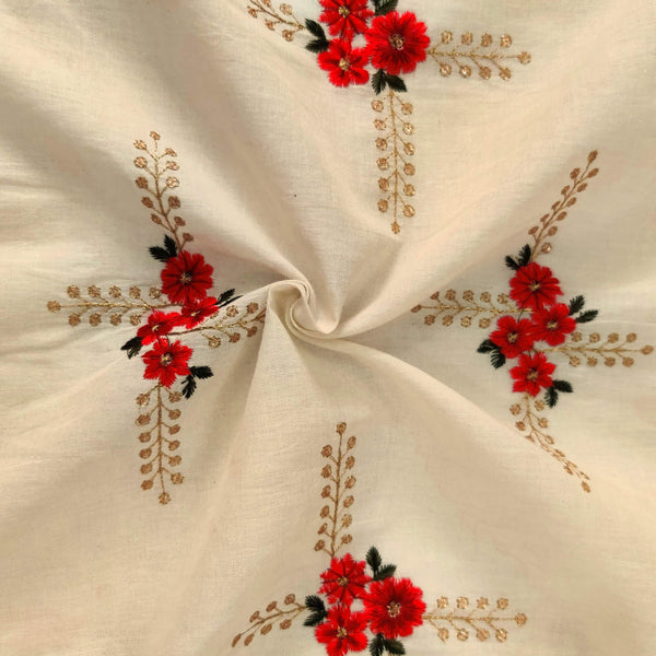 Pure Mul Cotton Cream With Gold And Maroon Motif Embroidered  Fabric