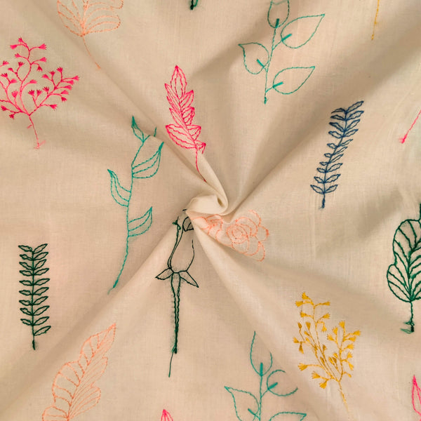 Pure Mul Cotton Cream With Multi Colour Ferns  Embroidered Fabricaa