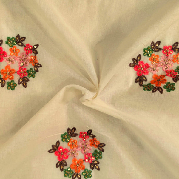 Pure Mul Cotton Cream With Orange Pink Flower Bunch  Embroidered Fabric