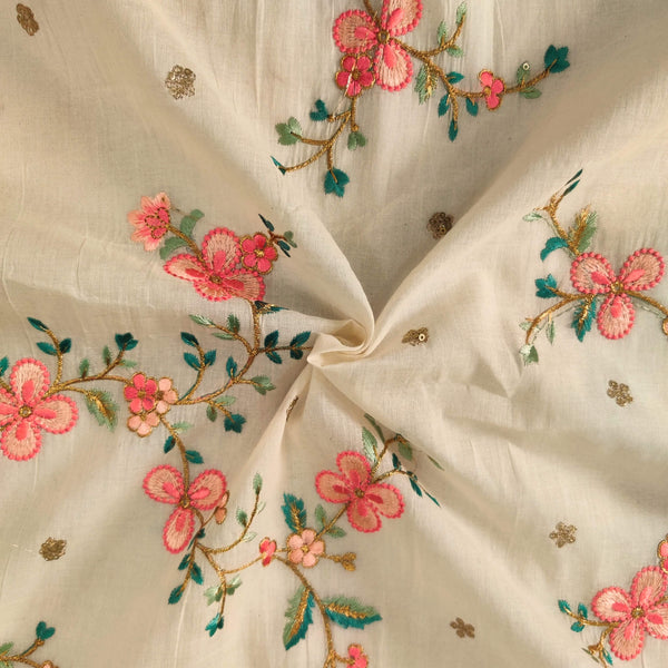 Pure Mul Cotton Cream With Pastel Pink Butterfly Flower Jaal Embroidered  Fabric