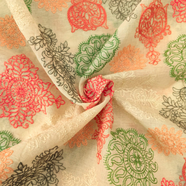 Pure Mul Cotton Cream With Peach Green White  Embroidered Motifs  Fabric