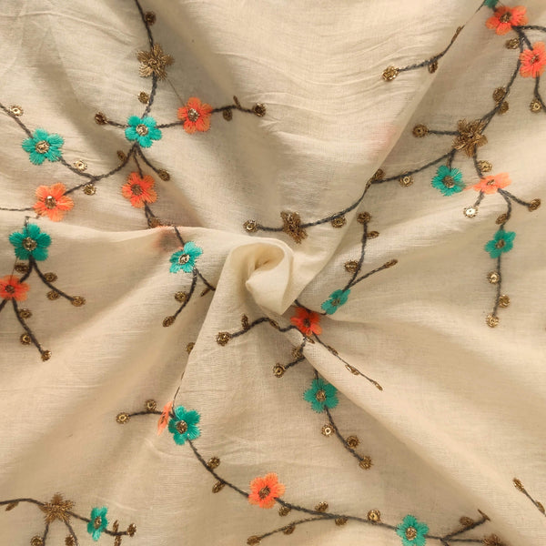 Pure Mul Cotton Cream With Peach and Light Blue Tiny Flowers On A Branch  Embroidered Fabric